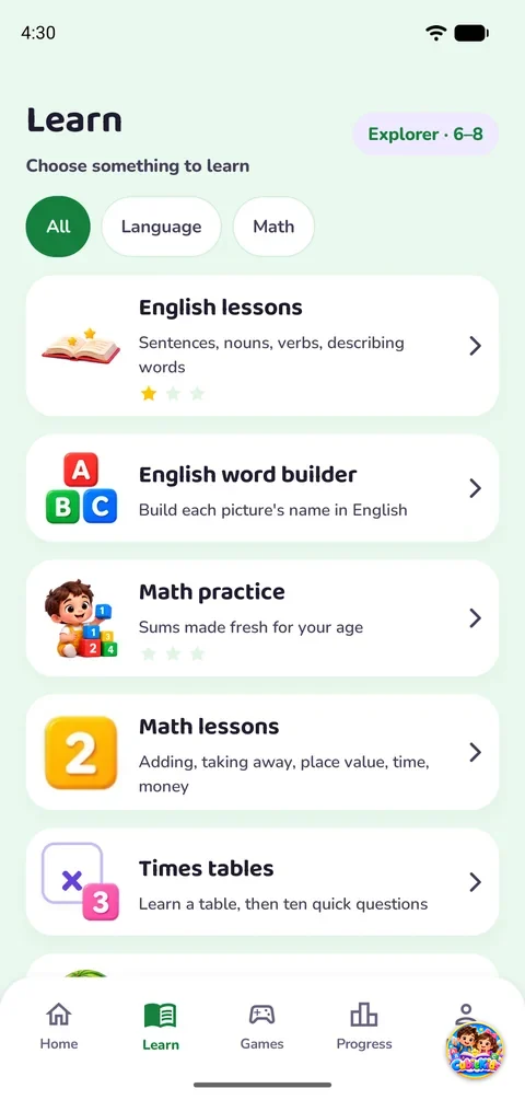 The Learn tab: English lessons, English word builder, math practice, math lessons and times tables