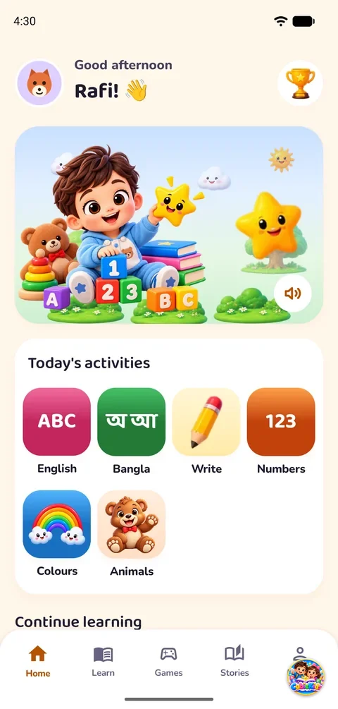 The Toddler home: a big picture card and large tiles for English, Bangla, Write, Numbers, Colours and Animals